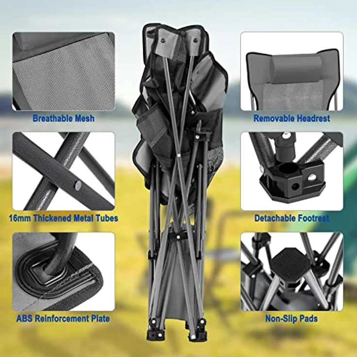 eSituro Faltstuhl Klappstuhl Campingstuhl klappbar, 2er Set, bis 150 kg, Angelstuhl Anglersessel faltbar, Campingliege mit Getränkehalter & Tragetasche, Grau – Bild 6