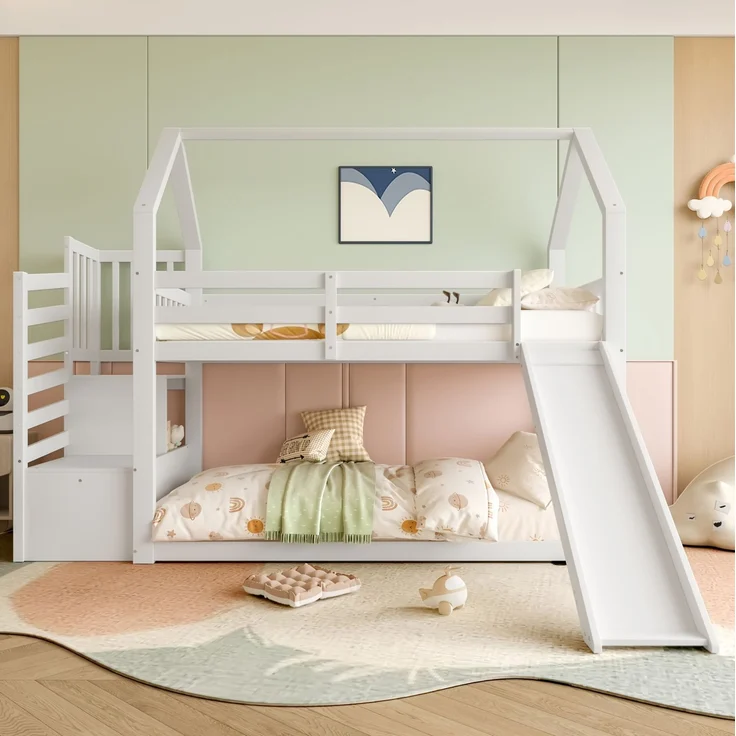 CHICFURN Etagenbett aus Kiefernholz und MDF Weiß 90x200 cm mit Stauraumtreppe und Rutsche – Bild 1