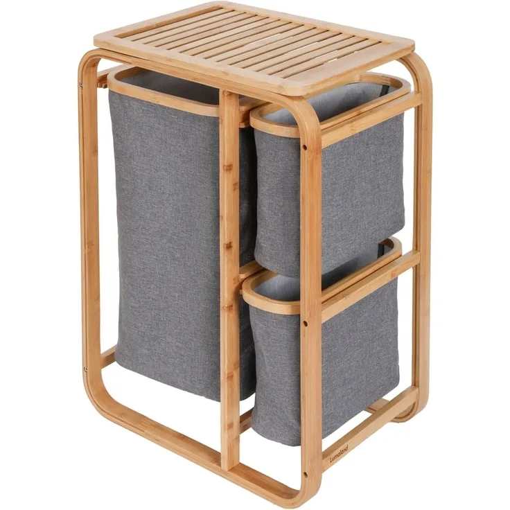 Lumaland Wäschekorb aus Bambus mit 3 ausziehbaren Wäschesäcken - Größe: Höhe 71 cm x Breite 50 cm x Tiefe 33 cm- Farbe Dunkelgrau