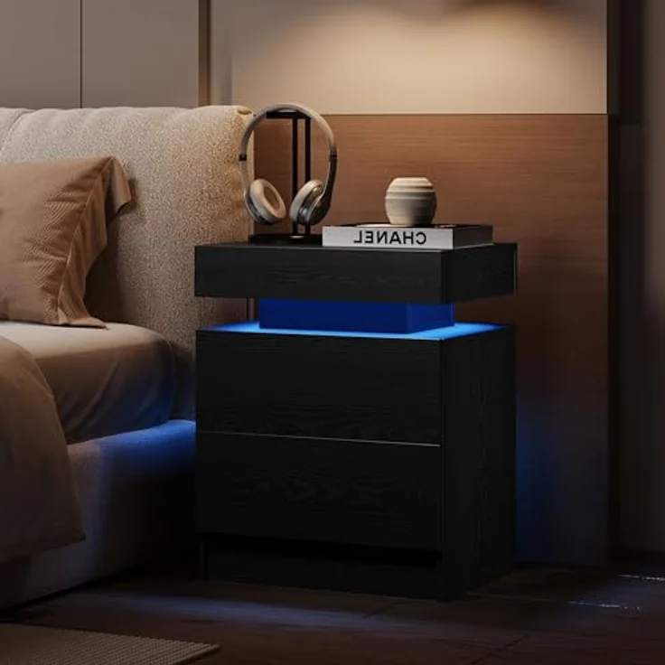 IRONCK Nachttisch Schwarz mit LED-Licht & Ladefunktion, Beistelltisch mit USB+Typ-C Anschlussen, Nachtschrank mit 2 Schubladen, Sofatisch für Schlafzimmer, Wohnzimmer, 35 x 48 x 60 cm – Bild 9