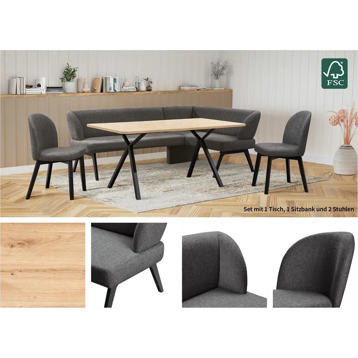 OTTO home Eckbankgruppe Aretha Essecke, Sitzgruppe, Eckbank, Küchenbank, (Set, 4-tlg, 4er), Esszimmer Sitzgruppe, Tisch, Stühle und Bank gepolstert, Nosagfederung