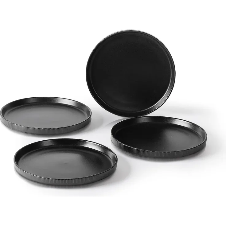 JIWOO Teller 4er Ø21,3cm, Speiseteller Steakteller Dessertteller Brotteller Plate, (4 St), Keramik Hochwertiges Tellerset Schwarz Mikrowellen spülmaschinenfest
