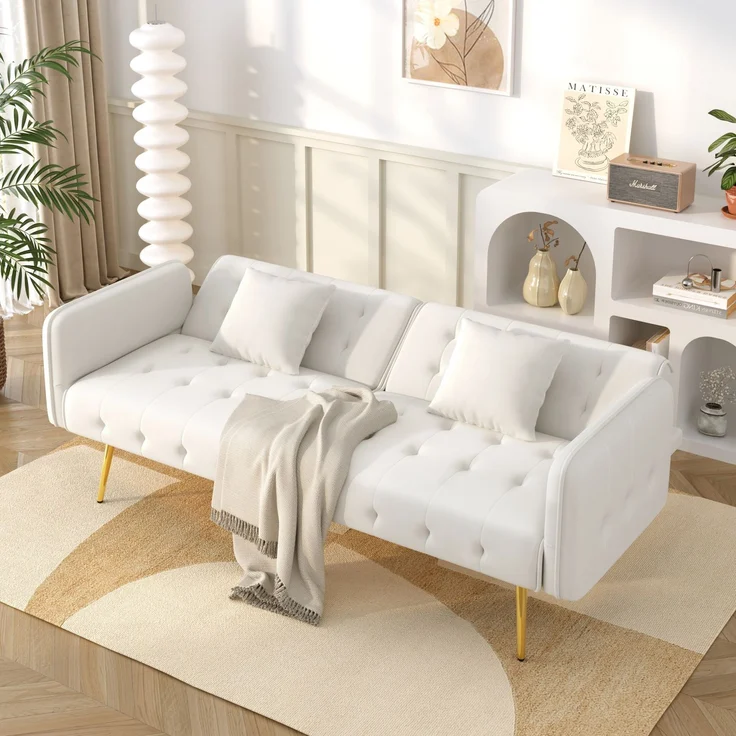 Sofabett 2-in-1 Samt,Zweisitzer mit verstellbarer Rückenlehne & Armlehnen, zum Gästebet,Weiß – Bild 3