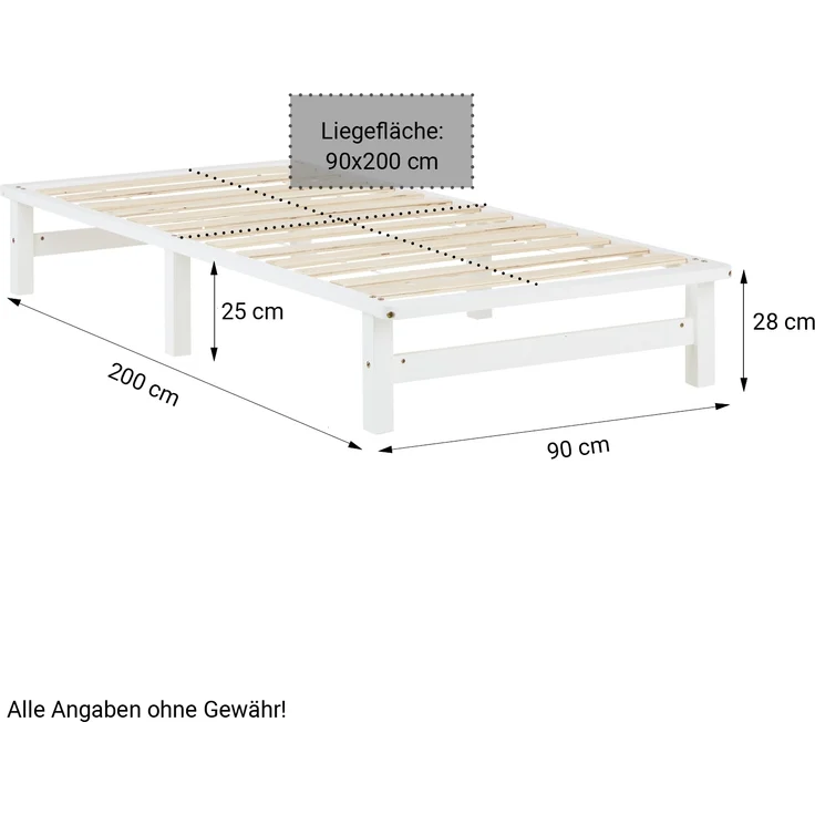 Holzbett 90x200 mit Matratze Holzbettrahmen Weiß Palettenbett Einzelbett Bett Massiv Holz Bettgestell – Bild 3