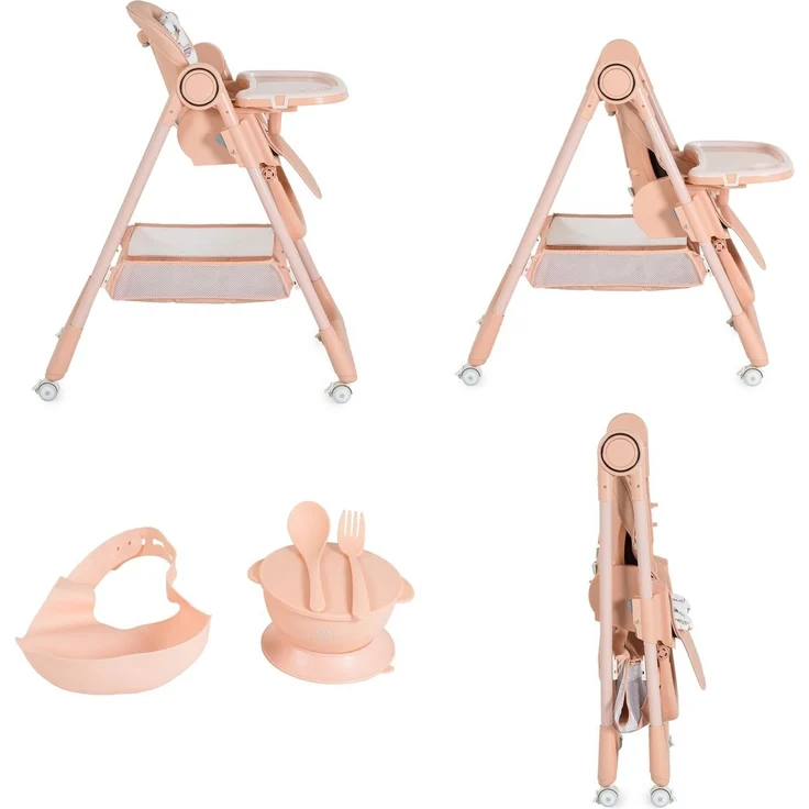 Moni Kinderhochstuhl Surprise faltbar Lätzchen Schüssel Löffel Gabel Räder Korb rosa – Bild 4