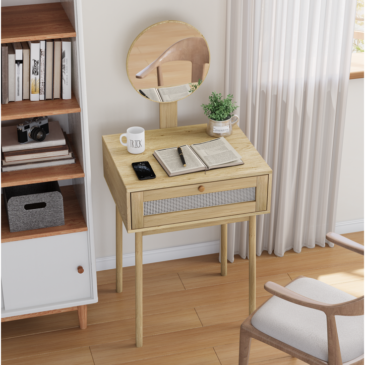 Schminktisch mit rundem Spiegel und Schubladen, 60x50x128 cm, Eiche – Bild 3