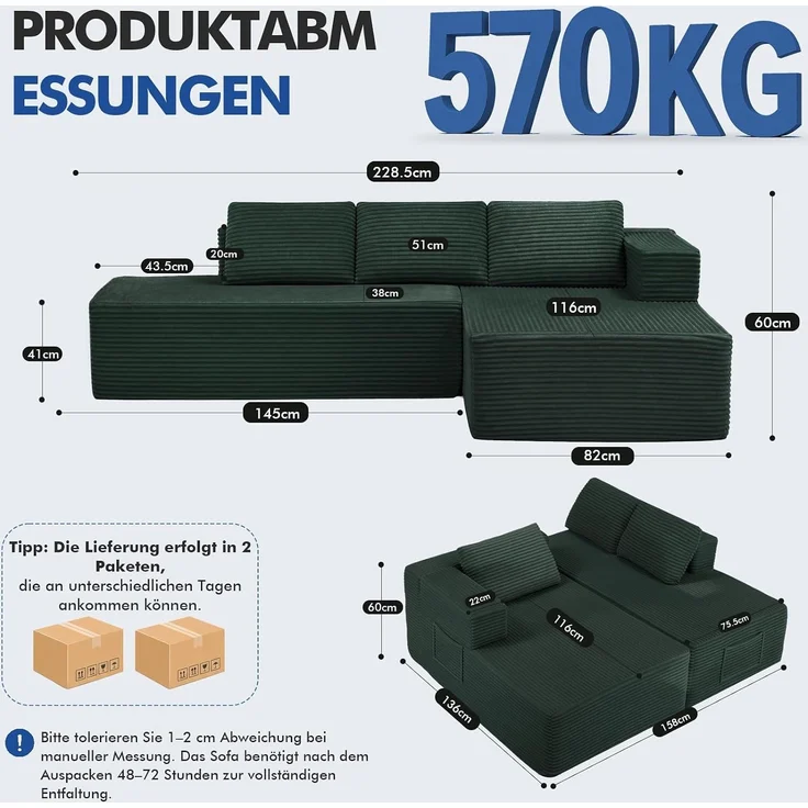 COMHOMA Ecksofa mit Schlaffunktion, 228cm Corduroy Modulares Boneless Couch mit Chaiselongue & Rücken-Metallgestell, L-Form Schlafsofa mit offenem Design, Kissen & Seitentaschen,für Wohnzimmer, Grün-L – Bild 2