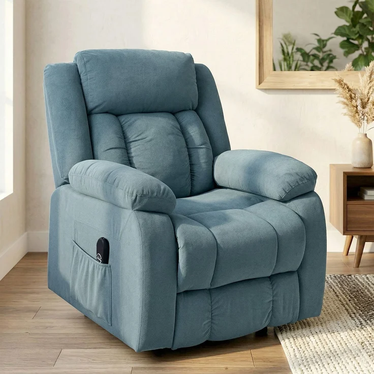 Wohnora-Aufstehsessel mit weichem Bezug, Recliner-Sessel mit Fernbedienung und Seitentaschen, Blau,H 1050cm x T 940cm x B 920cm – Bild 3