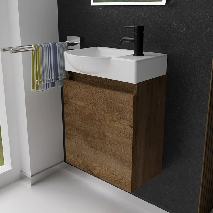 Alpenberger Badmöbel-Set Gäste WC Waschbecken mit Unterschrank - Hängeschrank Vormontiert, (Badschrank 2-tlg, Waschtisch hängend), Waschbeckenunterschrank mit Softclose - Farbe Eiche – Bild 1