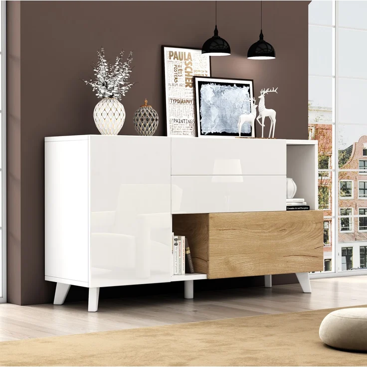 DESVIAE Sideboard mit 2 Schubladen und Klapptür, 130x70x40 cm, Spanplatte, Weiß Hochglanz/Helle Eiche – Bild 2