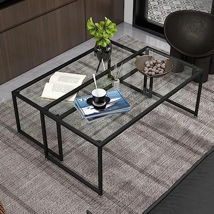 HOMCOM Couchtisch-Set, Transparentes Glas und schwarzes Metall, 2-teilig, stapelbar, 56x44,5x119 cm – Bild 2