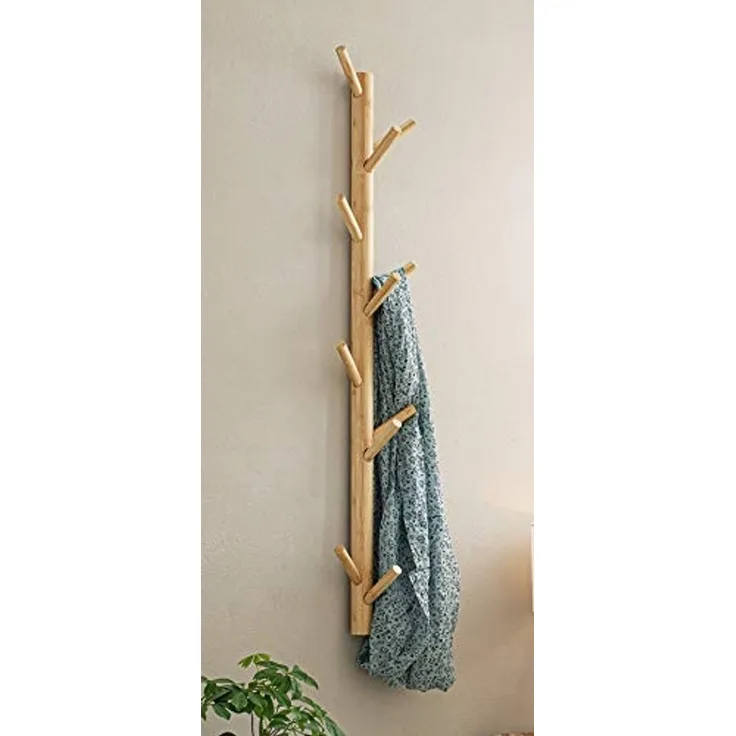 Dekoleidenschaft Wandgarderobe aus Bambus mit 11 Haken, 100 cm hoch, im Scandi-Style, Flurgarderobe, Wandgarderobe, vertikale Hakenleiste / Garderobenleiste, Kleiderhaken