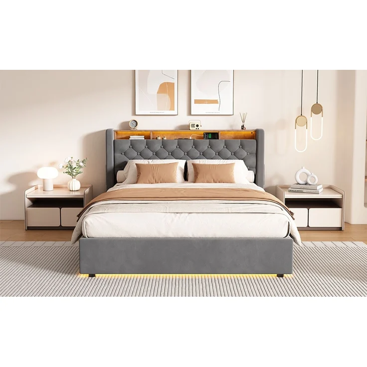 MODFU Polsterbett Mit Stauraum,LED-Beleuchtung und USB-Anschlüssen (Funktionsbett, 1-tlg, Stabiler Metallrahmen, inkl. Lattenrost, ohne Matratze), 140x200 cm, Hollandvelours, Kopfteil-Ablage – Bild 2
