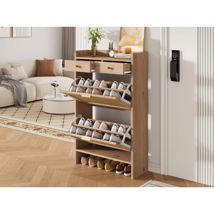 ZUBALIYA Schuhschrank (65 x 25 x 106 cm), 2 Klappfächer und 2 Schubladen, Fronten in Flechtoptik, Aus Spanplatte, Naturfarben – Bild 23