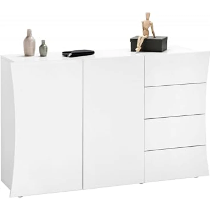 Dmora Modernes Sideboard, Design-Sideboard mit 2 Türen und 4 Schubladen, Made in Italy, TV-Ständer, Wohnzimmerbuffet, 124x40h82 cm, glänzend weiße Farbe – Bild 6