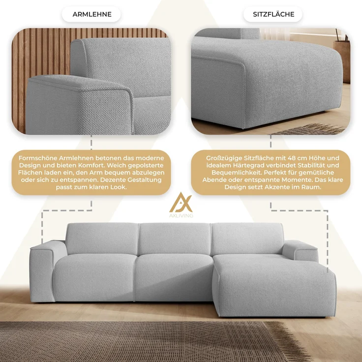 AX LIVING Couch Sofa L Form Didim mini Hellgrau 310 cm breit, stilvoll R – Bild 6