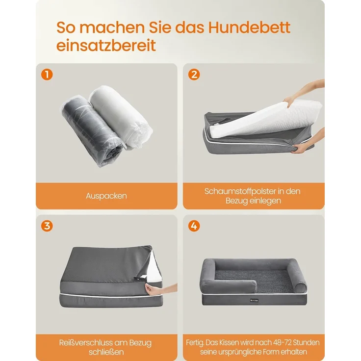 Feandrea Orthopädisches Hundebett, Hundekissen, Hundekorb, weiche Polsterung, Hundesofa, erhöhte Ränder, Bezug abnehmbar und waschbar, 76 x 51 x 18 cm, rutschfeste Unterseite, hellgrau PGW074G02 – Bild 9