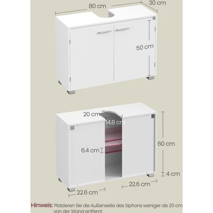 VASAGLE Waschbeckenunterschrank, Badezimmerschrank, 2 Fächer hinter den Türen, für Waschbecken ohne Säule, Badezimmer-Unterschrank mit Füßen – Bild 5