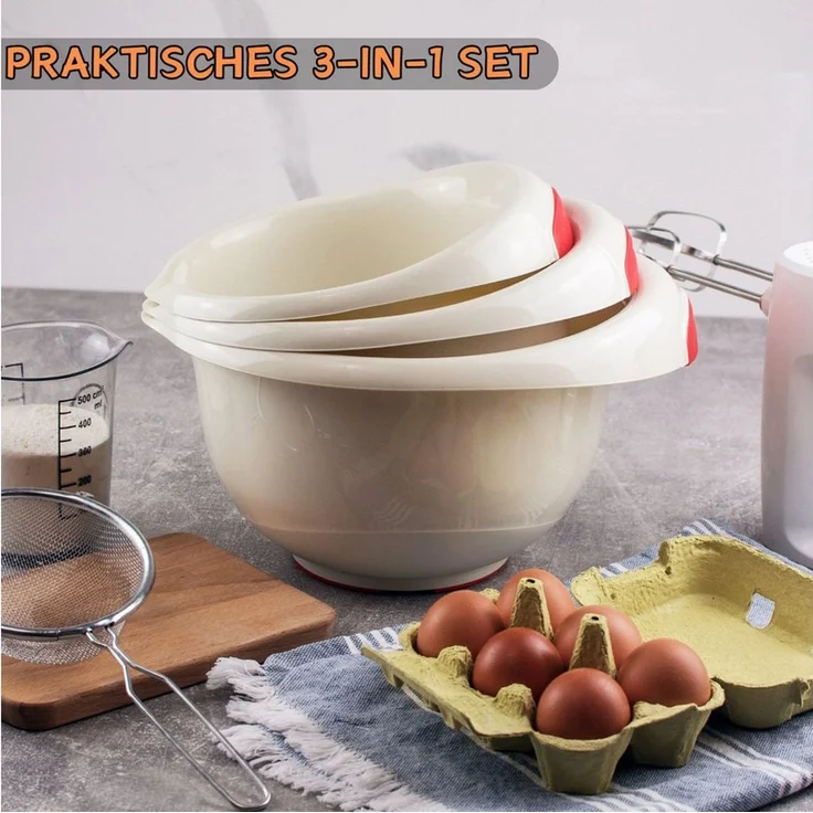 Engelland Rührschüssel 3er Set Backschüsseln mit Griff, Salatschüsseln, Kunststoff, (Vorteils-Set, 3-tlg), robust, BPA-frei, stapelbar, rutschfeste Silikonfüße, Einhandausguss – Bild 2