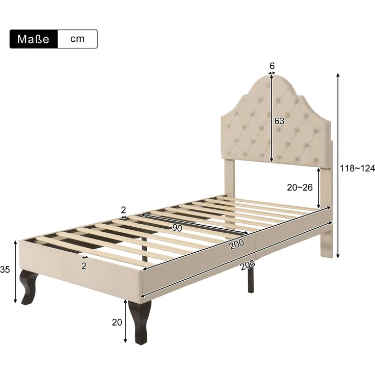 EINHOM Polsterbett 90 x 200 cm mit Lattenrost und Kopfteil, Polsterbett mit Höhenverstellbares Kopfteil, Jugendbett, Einzelbett, Holzlattenunterstützung, Einfache Montage, Samt, Beige, (Ohne Matratze) – Bild 10