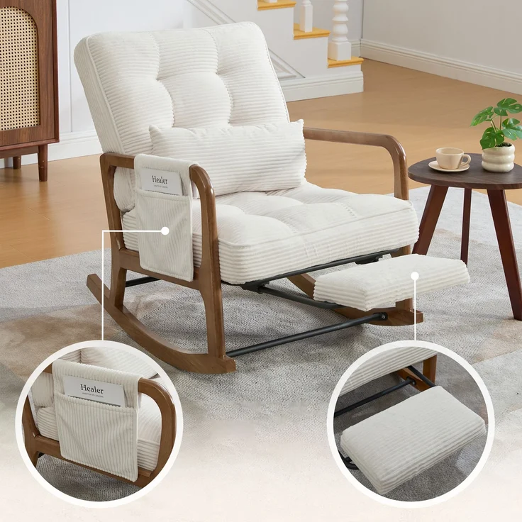 LVHOM Schaukelstuhl mit ausziehbarer Fußstütze, Relaxsessel mit verstellbare Rückenlehne, Loungesessel mit Seitentasche, bis 150 kg belastbar, Beige – Bild 5