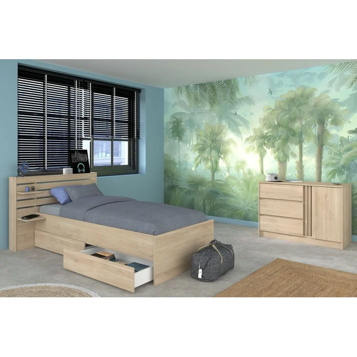 Stauraumbett Escale von Parisot Funktionsbett in Japanische Eiche mit Stauraum komplett Set – verschiedene Bettgrößen wählbar - Stauraumbett mit Kommode , 120 x 200 cm