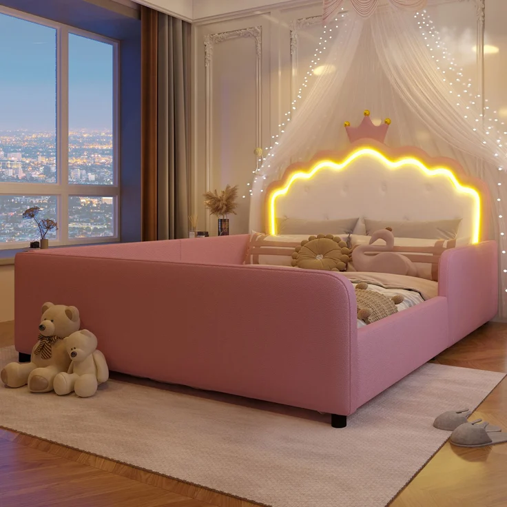 Polsterbett, 140x190 cm, Ohne Matratze, Mit LED-Lichtleiste, Prinzessinnenbett in Kronenform, Sicherheitsgitter, PU, Rosa – Bild 4