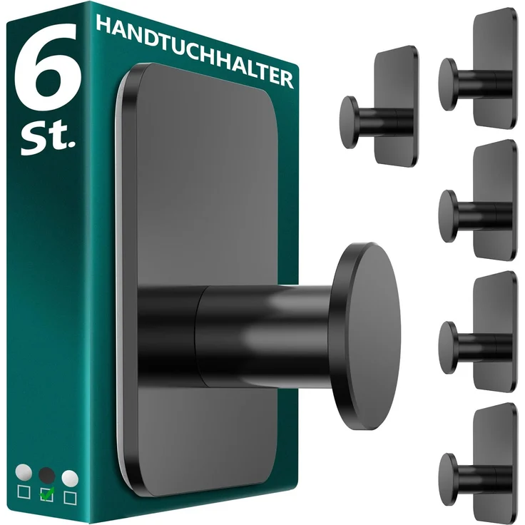 Menz Handtuchhalter ohne Bohren aus Edelstahl, 6 Stück, Schwarz | Robuste Badezimmer Handtuchhalter, moderne Klebehaken fürs Bad, Haken selbstklebend, ideal als funktionale Handtuchhaken