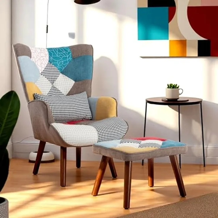 FurnitureR 1-er Set Patchwork Liegesessel, Buntes Design, Bequemes Polster, Holzrahmen, Vielseitige Verwendung, Stilvolle Sitzgelegenheit für Kinderzimmer