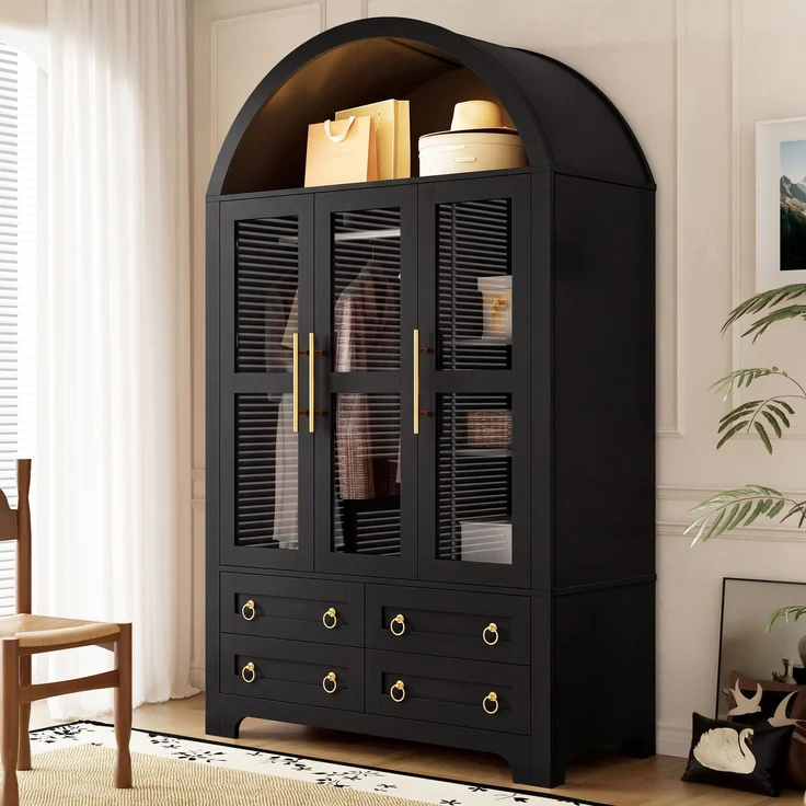 Kleiderschrank 110x50x186 cm in Schwarz mit 3 Glastüren, 4 Schubladen und App-LED – Bild 3