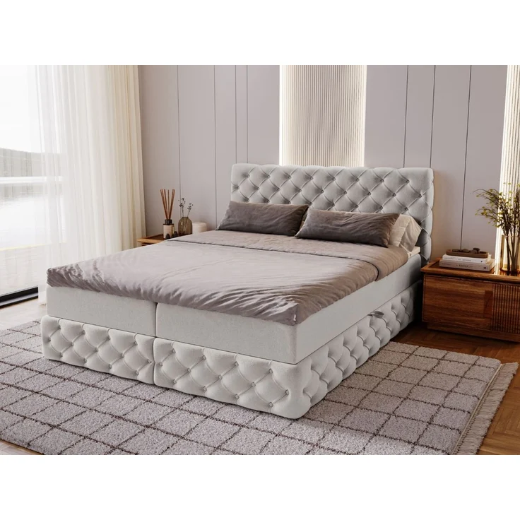 GRAINGOLD Canolo Doppelbett 160x200, Boxspringbett mit zwei Bettkästen, Glamour Stil, Velour-Stoff, Hellgrau – Bild 1