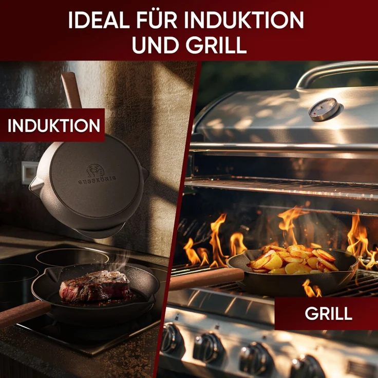 Feuerpfanne Ø 26 cm aus Gusseisen – mit Ledergriff & Ringreiniger, hitzebeständig bis 300 °C, für Grill, Induktion & Lagerfeuer – Bild 5