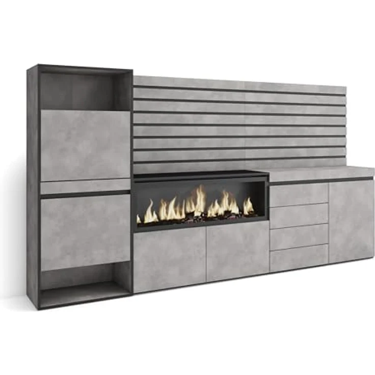 Skraut Home | Schuhregal, Schuhschrank | Schuhaufbewahrung | 274 x 145 x 35 cm | Für Schlafzimmer, Zimmer | Elektrokamin XXL | Kommode mit Schubladen | Lamellenwand Holz | Moderner Stil | Zement – Bild 1
