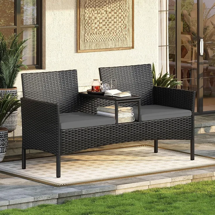 Aoxun 2-Sitzer-Gartenbank aus Rattan, extrabreite Outdoor-Zweisitzerbank mit seitlichem Ablagetisch 144x62x80cm, bequemes Terrassenmöbel-Set mit Kissen und Regenschutz für Garten, Balkon, Dunkelgrau