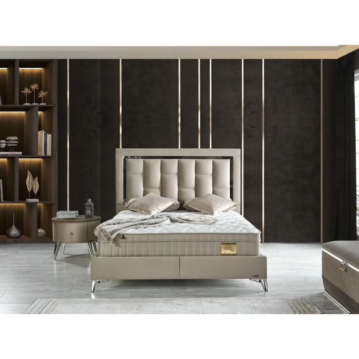 Schlafzimmer-Set "Tiva" – Bett mit Bettkasten und Matratze , Nachttisch, Bettbank-Beige