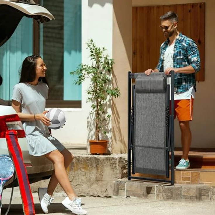 Mondeer Sonnenliege 2er Set, klappbarer Liegestuhl mit Kopfstütze und Verstellbarer Rückenlehne für Garten Pool Terrasse, Belastbarkeit 130kg, W104 x D58 x H95cm, Schwarz und Grau – Bild 5