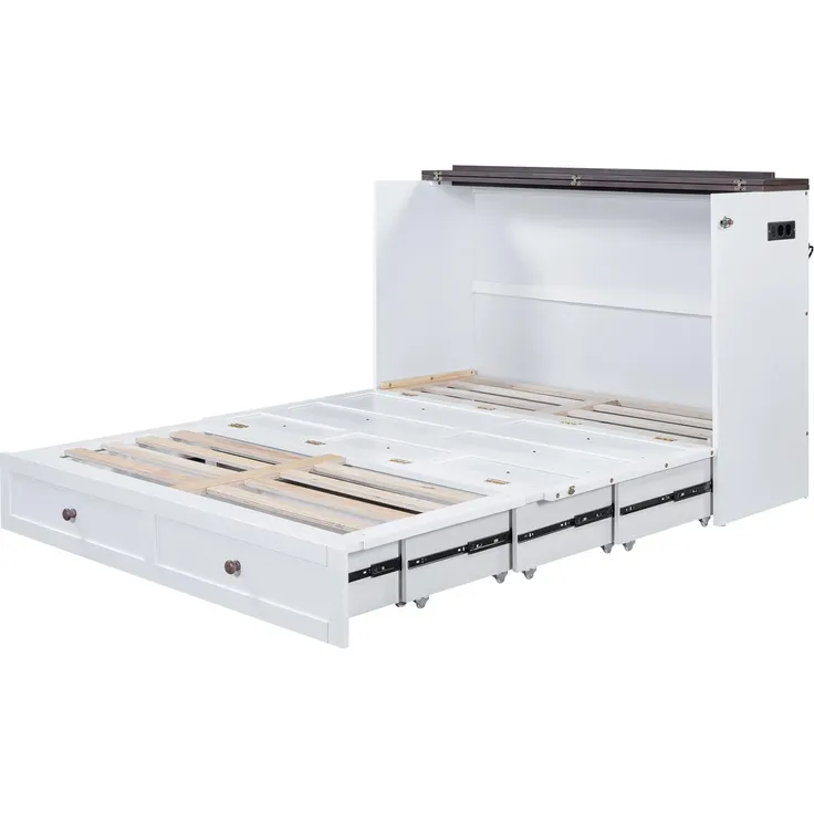 Schrankbett mit Mehrfachsteckdose und Stauraum, 140x200 cm, Wandklappbett, horizontal klappbar, platzsparend, Holz – Bild 7
