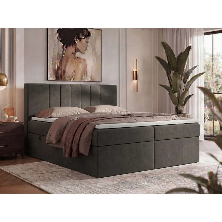 Boxspringbett INERO 180 x 200 mit Matratze H4 und Topper T25, 7-Zonen-Multipocket-Kern, zwei Bettkästen, Doppelbett, gepolstert Kopfteil - Dunkelgrau Stukture
