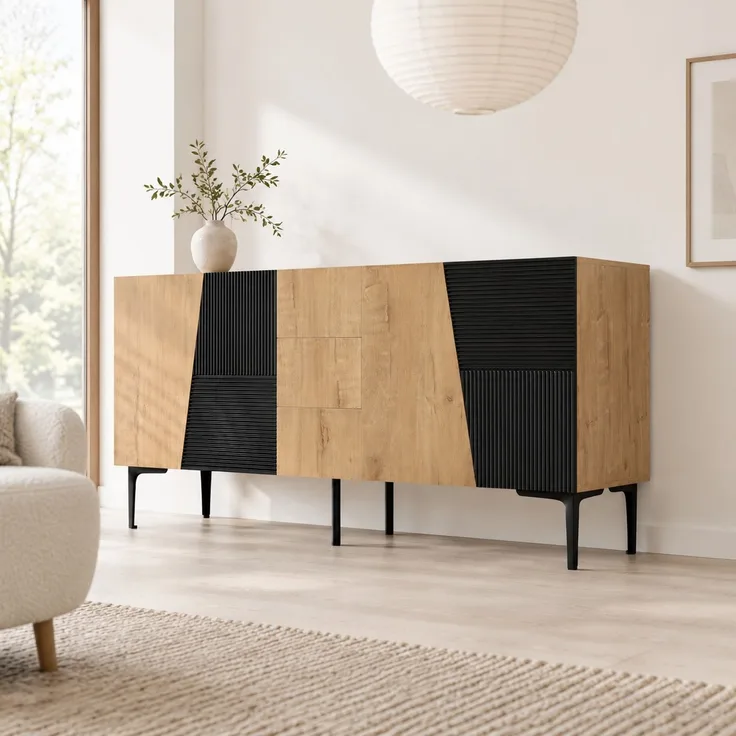 DESVIAE Sideboard Natural-Schwarz aus Spanplatte – 160x80x40 cm – 4 Türen, 3 Schubladen