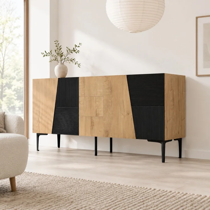 DESVIAE Sideboard Natural-Schwarz aus Spanplatte – 160x80x40 cm – 4 Türen, 3 Schubladen – Bild 1