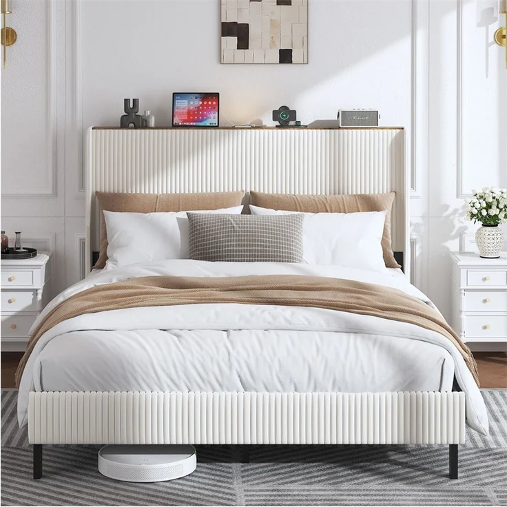 MODFU Polsterbett Gepolstertes Plattformbett mit Stoffköpfchen (Flügelkantendesign – rutschfest & geräuscharm. Robuste Metalllatten, 1-tlg, 160*200) – Bild 3