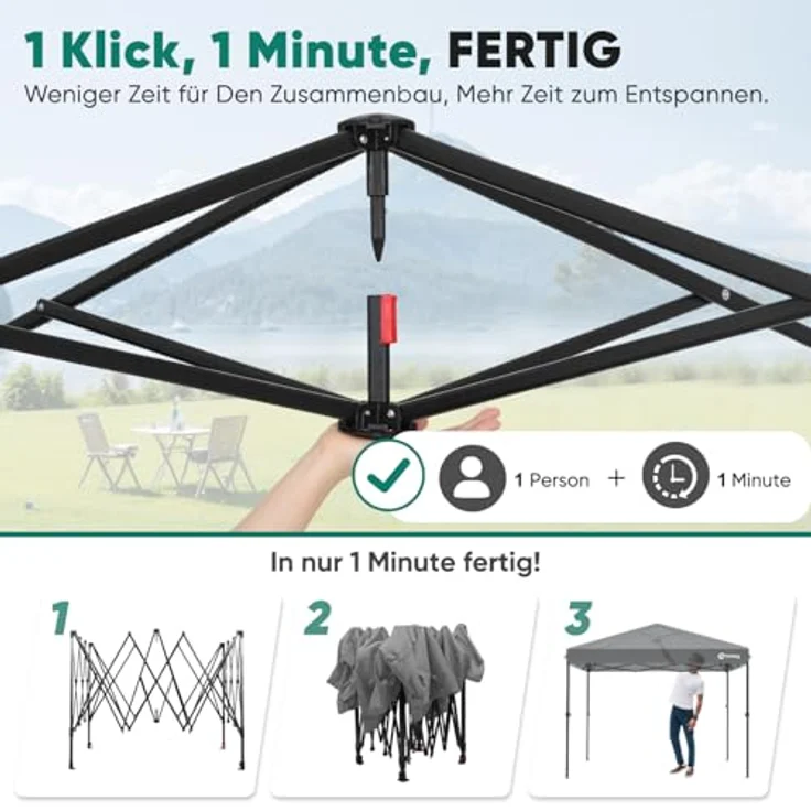 Sekey Pavillon 3x3 mit 4 Seitenteile, Faltpavillon Wasserdicht Stabil Winterfest, Pop Up Pavillon Faltbar für Camping, Festival, Events, Picknicks, Partyzelt Gartenzelt mit 4 Sandsäcke, Grau – Bild 3