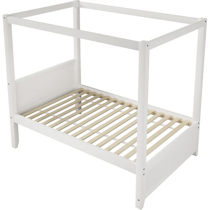 Bett 90x200 cm Himmelbett aus Holz, Weiß, mit offenem Dachrahmen und vertikalen Lamellen, ohne Matratze – Bild 5
