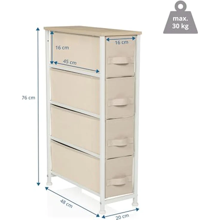 hjh LIVING Kommode mit 4 Stoffschubladen FOLDRESS S 20 x 48 x 76 cm Schubladenkommode Organizer, höhenverstellbare Fußgleiter, Metall-Gestell, Beige – Bild 4