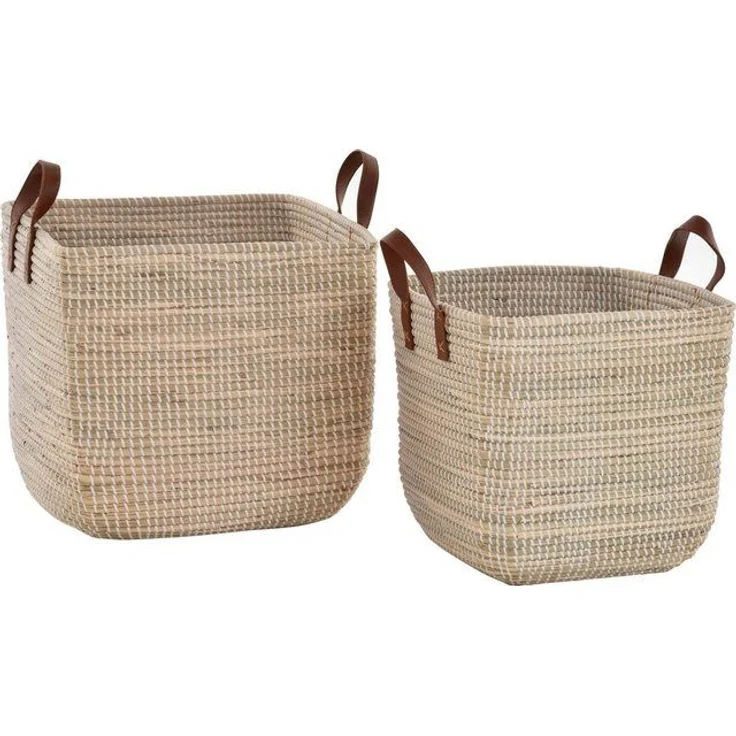 Krines Home Aufbewahrungskorb Set/2 Handgearbeitete Seegras Dekokörbe zur Aufbewahrung Flechtkorb (2 St, 2er-Set), Korb Natur mit weißen Wicklungen Hell Natur Quadratisch – Bild 4