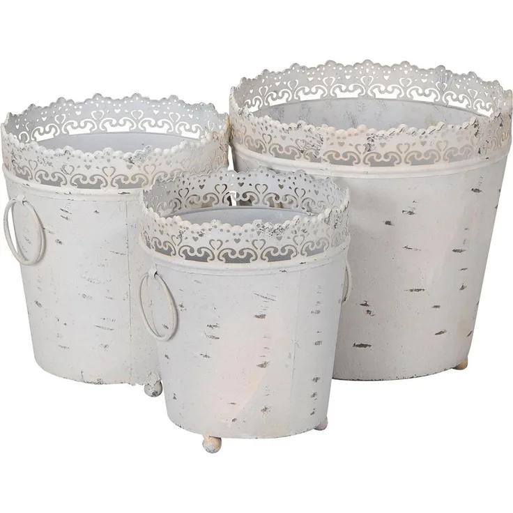Levandeo® Pflanzkübel, Pflanzkübel 3er Set Eisen Weiß Grau Shabby Chic Vintage Kübel Deko