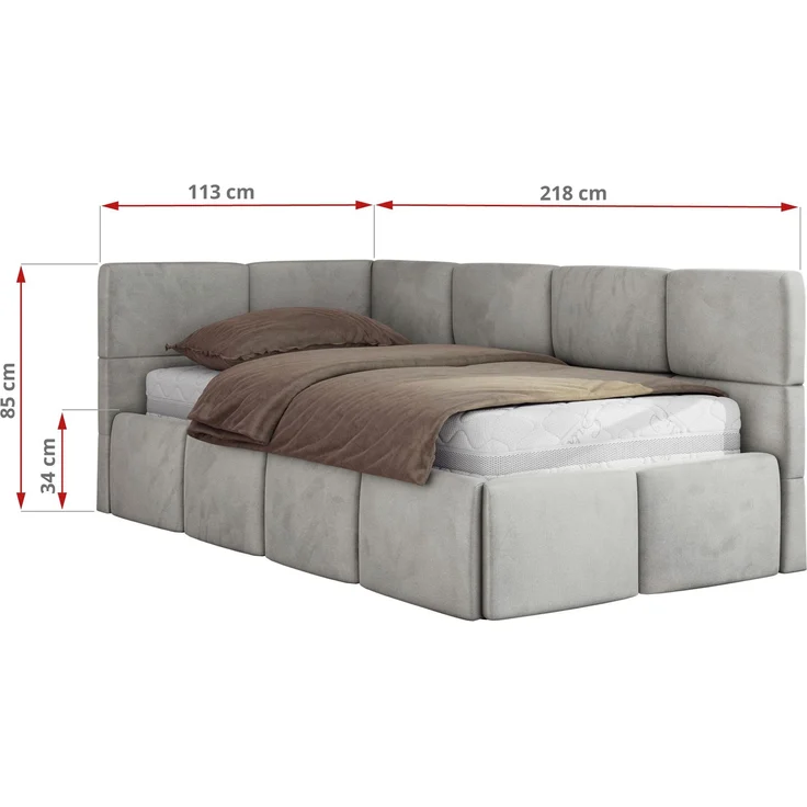 Jugendbett 90x200 ARVO Polsterbett mit Bettkasten, Stauraum & Gasdruckfeder, Modernes Design mit Kopfteil, Pocket Matratze - Hellgrau Velvet - VIRE LUX - Rechts Seite – Bild 3
