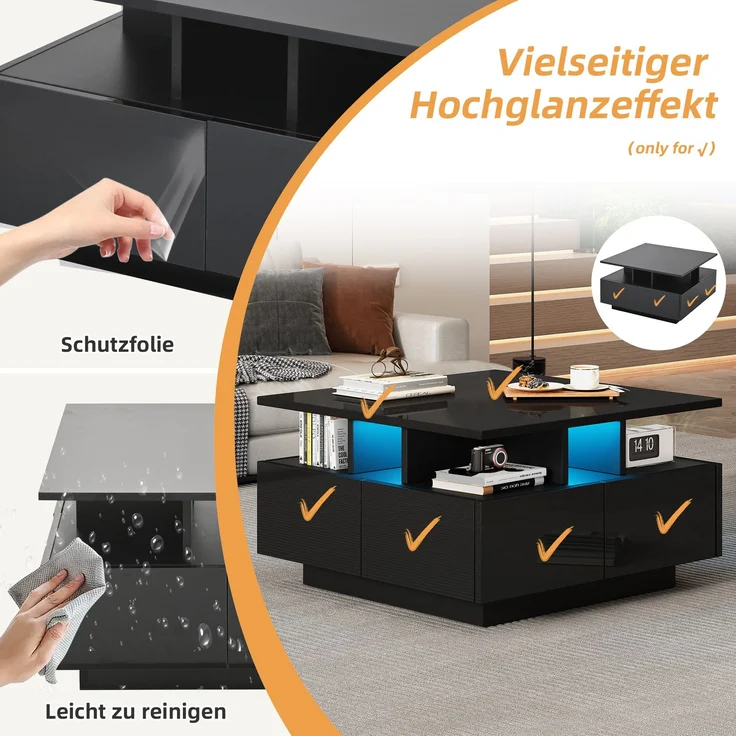 Merax Couchtisch mit LED licht, sofatisch mit 4 schubladen, Beistelltisch, Schwarz – Bild 8