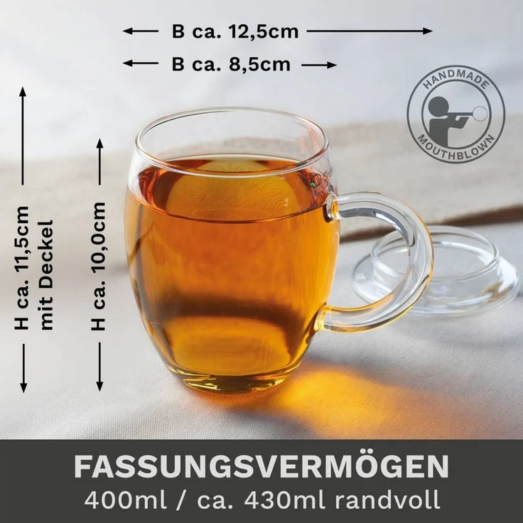 Creano Teeglas 2er-Set "All in One" TeeGläser mit Glasfilter und Deckel, 400ml, Borosilikatglas, 2 Tassen mit Untertassen – Bild 4