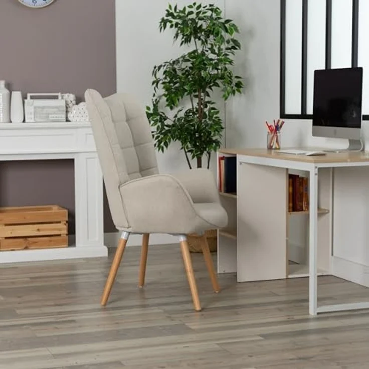 MEUBLE COSY Sessel 2er Relaxsessel Lehnstühle Polstersessel Einzelsofa mit Holzbein Ohrensessel für Wohnzimmer Schlafzimmer Büro Vanity, Stoff, Beige – Bild 6